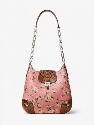 Michael Kors Bancroft Oversized Floral Calf Leder And Python Schultertaschen Damen Rosa Braun | 071856-WBE