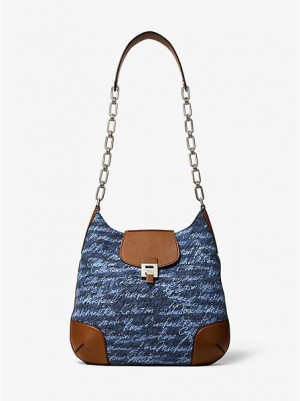 Michael Kors Bancroft Oversized Signature Print Denim Schultertaschen Damen Blau | 647132-ZAE