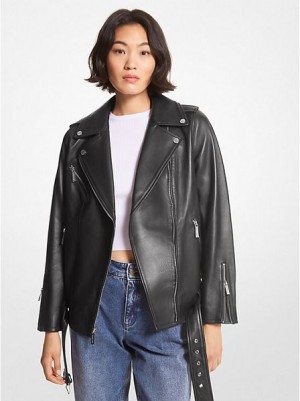 Michael Kors Belted Leder Biker Jacke Damen Schwarz | 042613-ELA