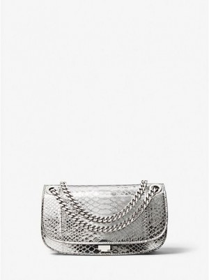 Michael Kors Christie Metallic Python Embossed Leder Envelope Mini Taschen Damen Silber | 036152-QRD