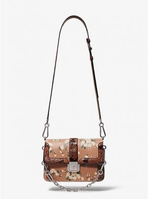 Michael Kors Crawford Floral Calf Leder And Python crossbody taschen Damen Braun | 854769-LFV