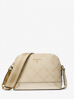 Michael Kors Jet Set Large Metallic Empire Logo Jacquard Dome crossbody taschen Damen Gold Beige | 573106-UEA