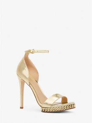 Michael Kors Jordyn Embellished Metallic Snake Embossed Leder Plateausandalen Damen Gold | 123409-PQB