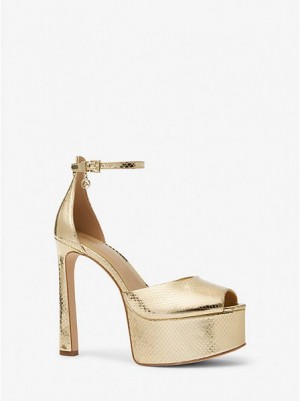 Michael Kors Martina Metallic Snake Embossed Leder Peep-toe Plattform Pumps Damen Gold | 417639-UYB