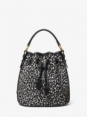 Michael Kors Monogramme Small Leopard Print Calf Hair Bucket Tasche Damen Schwarz Weiß | 983042-EIZ