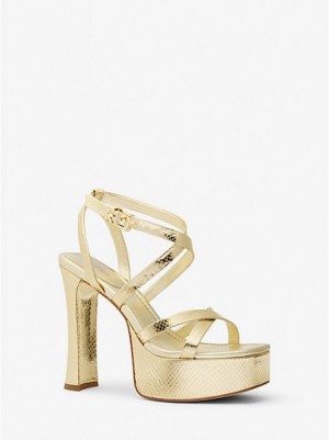 Michael Kors Paola Metallic Snake Embossed Leder Plateausandalen Damen Gold | 598421-GSM