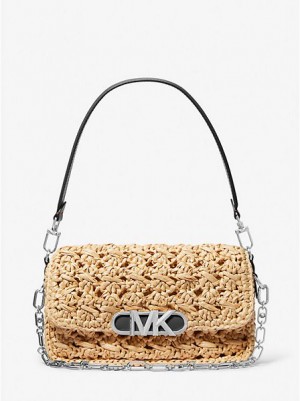 Michael Kors Parker Medium Woven Straw Schultertaschen Damen Beige Schwarz | 683459-TCQ