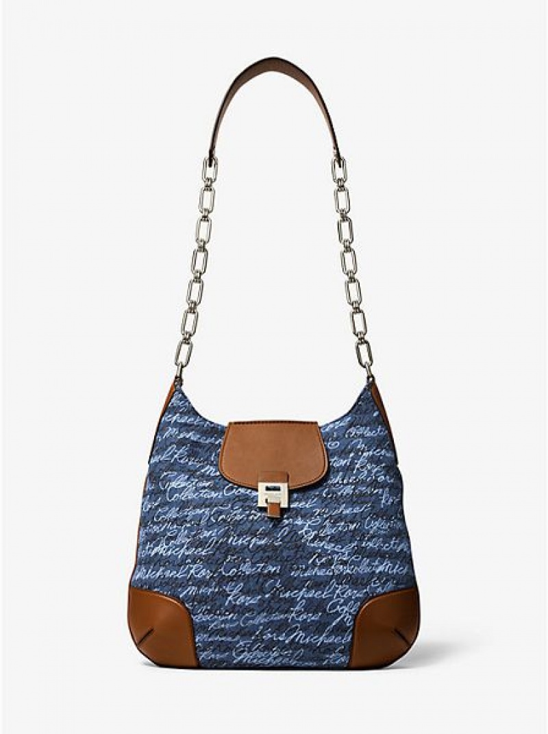 Michael Kors Bancroft Oversized Signature Print Denim Schultertaschen Damen Blau | 647132-ZAE