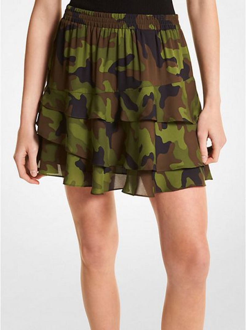 Michael Kors Camouflage Silk Georgette Ruffled Röcke Damen Olivgrün | 460952-UID