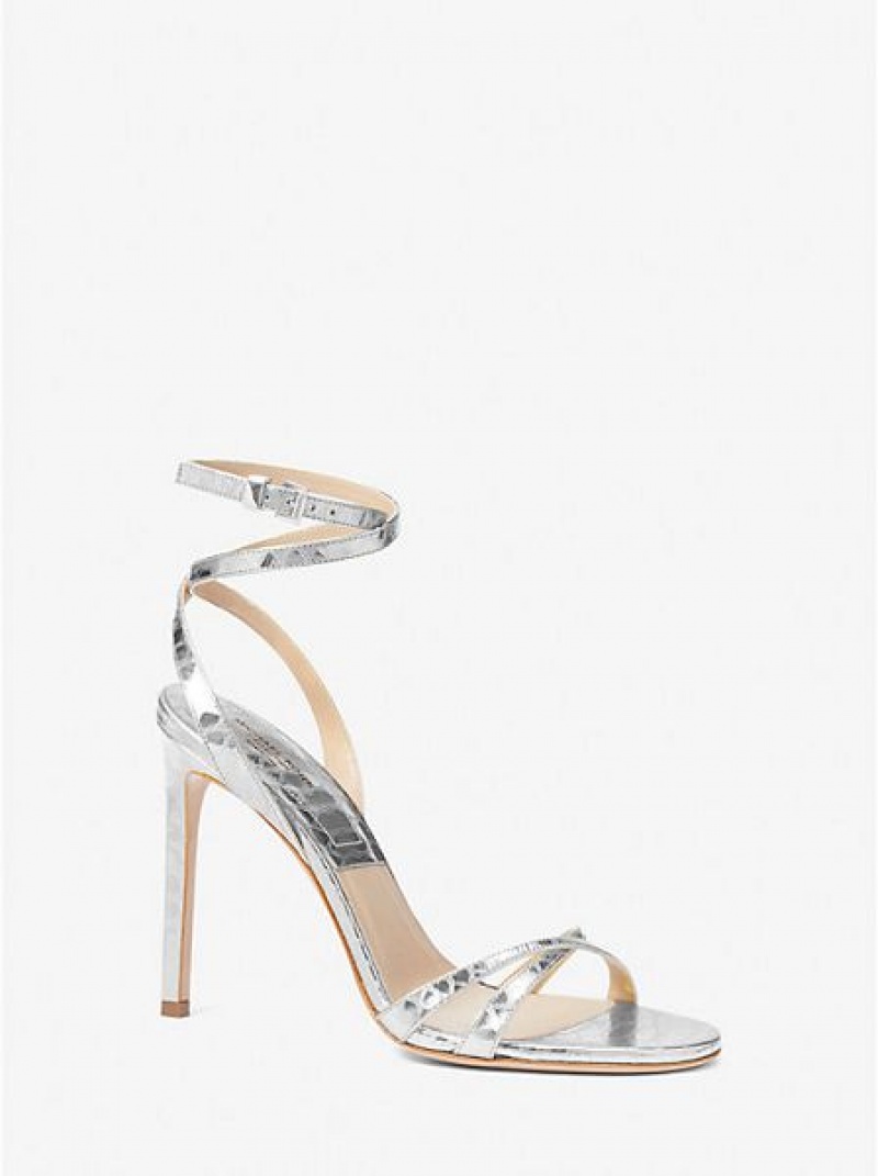 Michael Kors Chrissy Metallic Python Embossed Leder Sandalen Damen Silber | 401365-WXJ