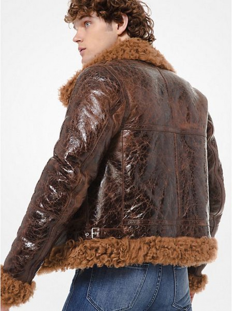 Michael Kors Distressed Lack Leder Shearling Jacke Herren Braun | 678593-ESK