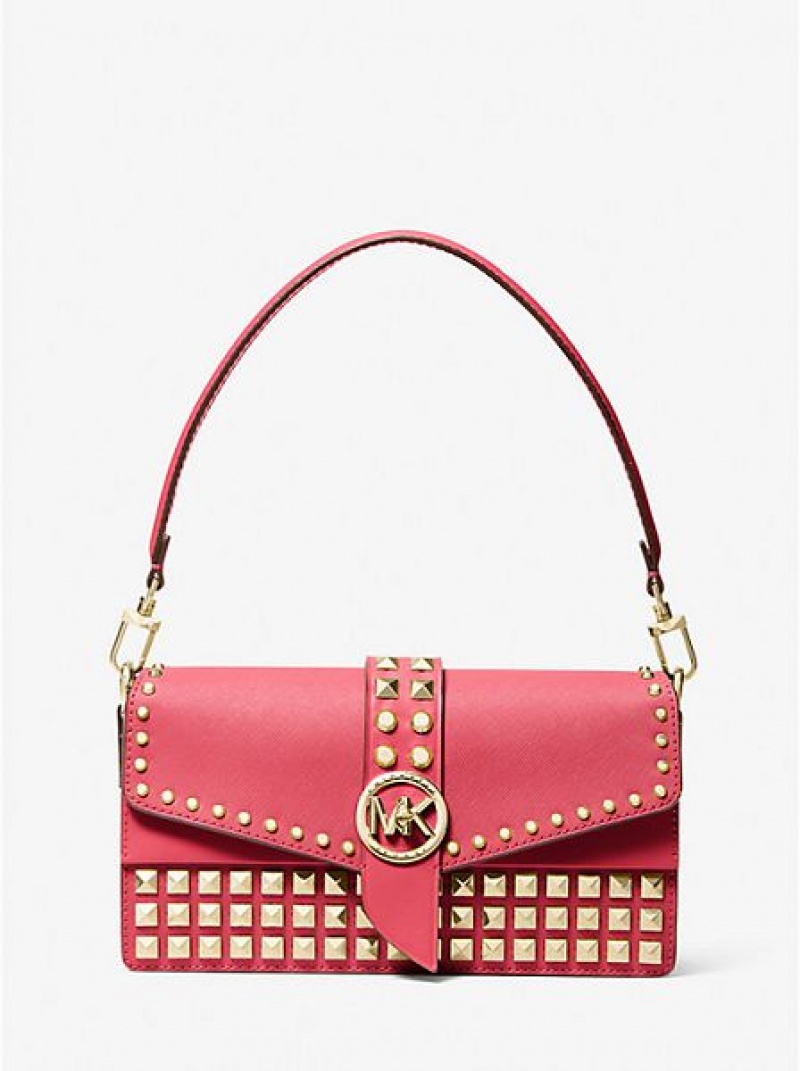 Michael Kors Greenwich Medium Studded Saffiano Leder Schultertaschen Damen Rot | 785163-JWZ