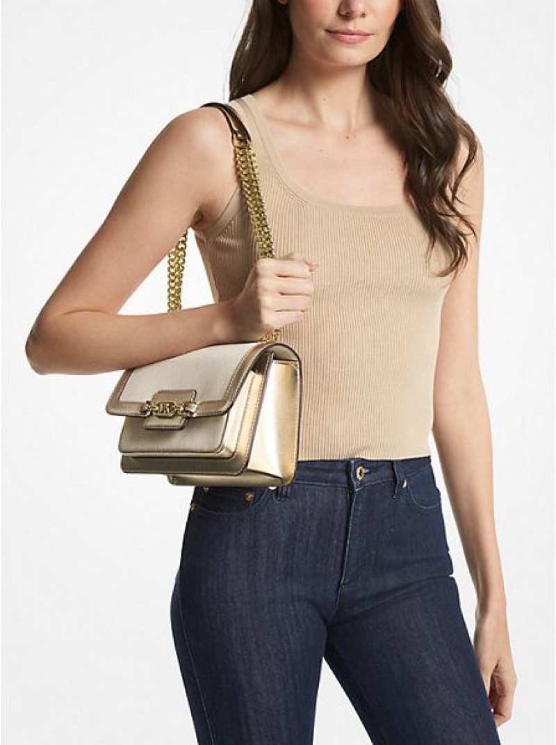 Michael Kors Heather Large Canvas And Metallic Faux Leder Schultertaschen Damen Gold Beige | 276418-NQS