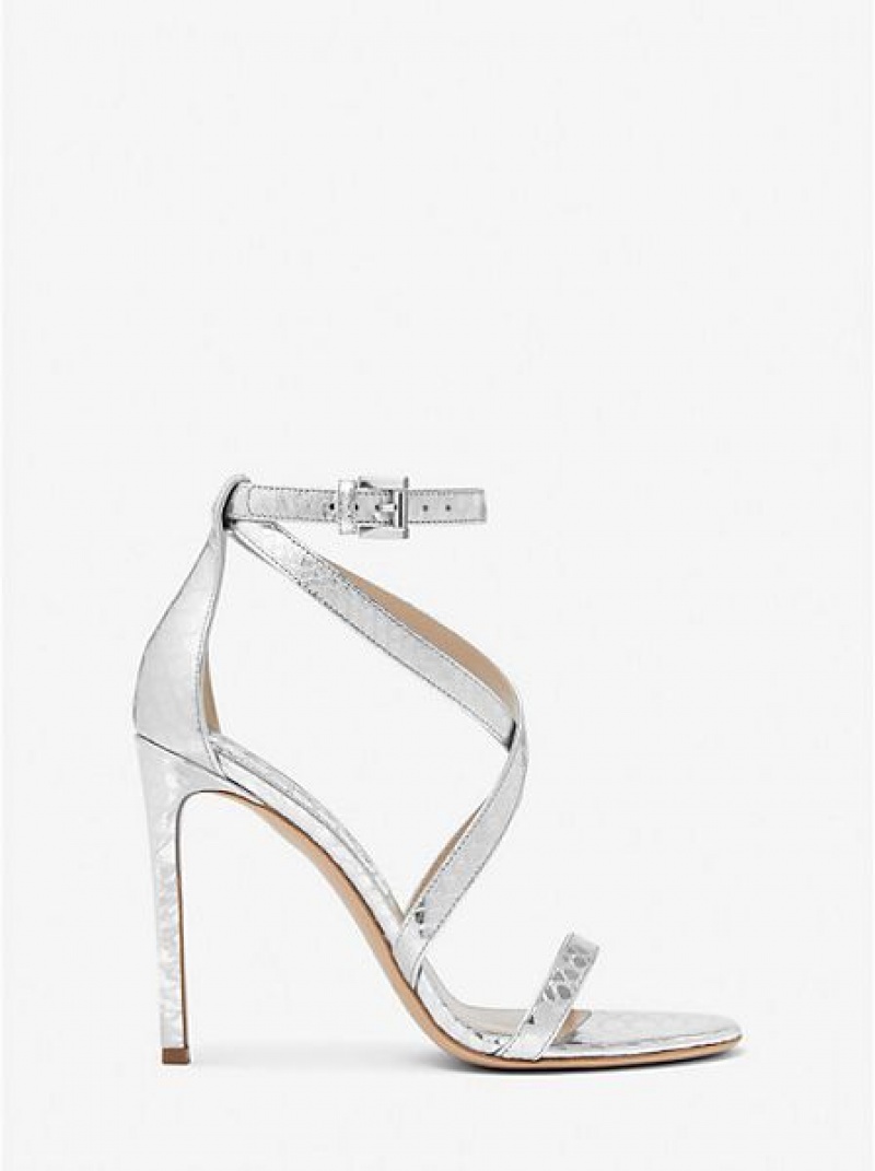 Michael Kors Ingrid Metallic Python Embossed Leder Sandalen Damen Silber | 894236-YIM