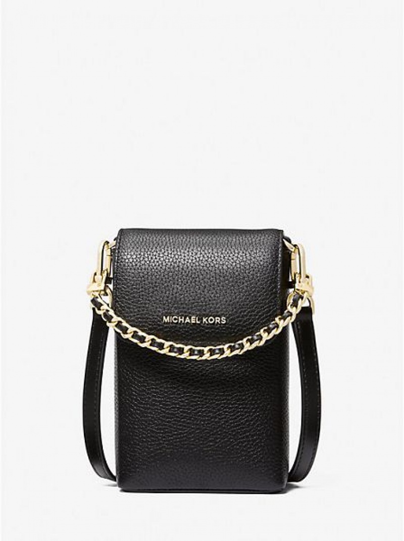 Michael Kors Jet Set Small Pebbled Leder Chain-link Smartphone crossbody taschen Damen Schwarz | 130492-PFH