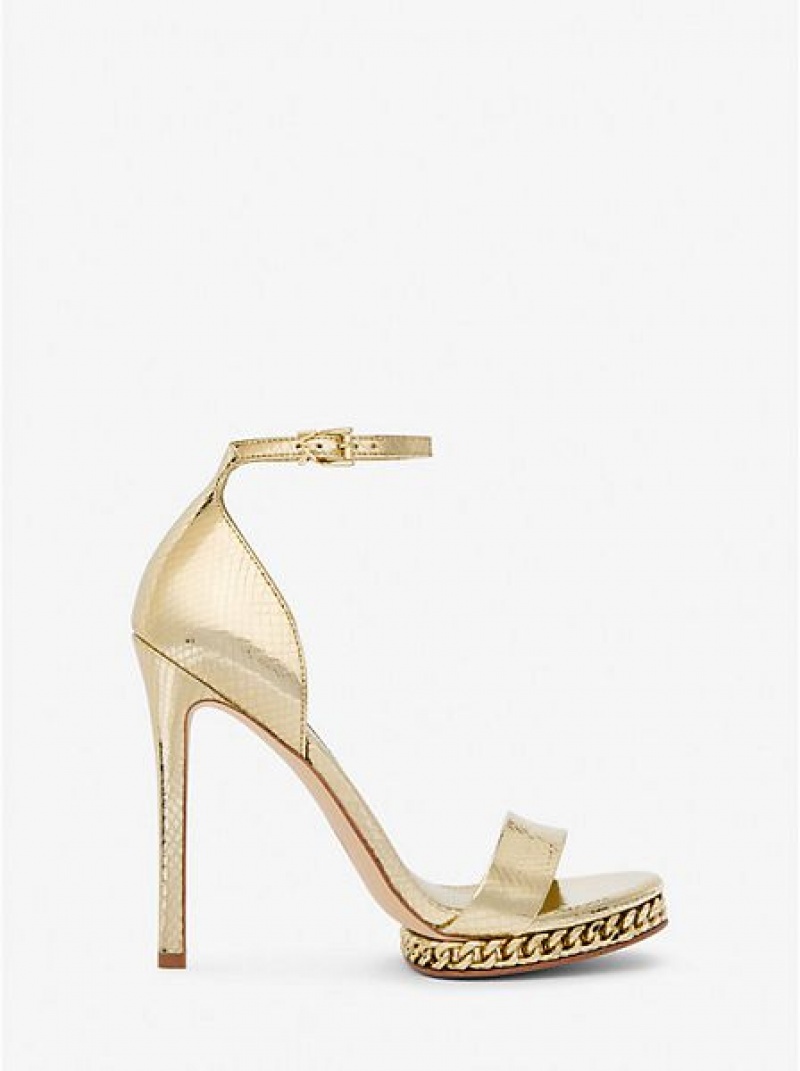 Michael Kors Jordyn Embellished Metallic Snake Embossed Leder Plateausandalen Damen Gold | 123409-PQB