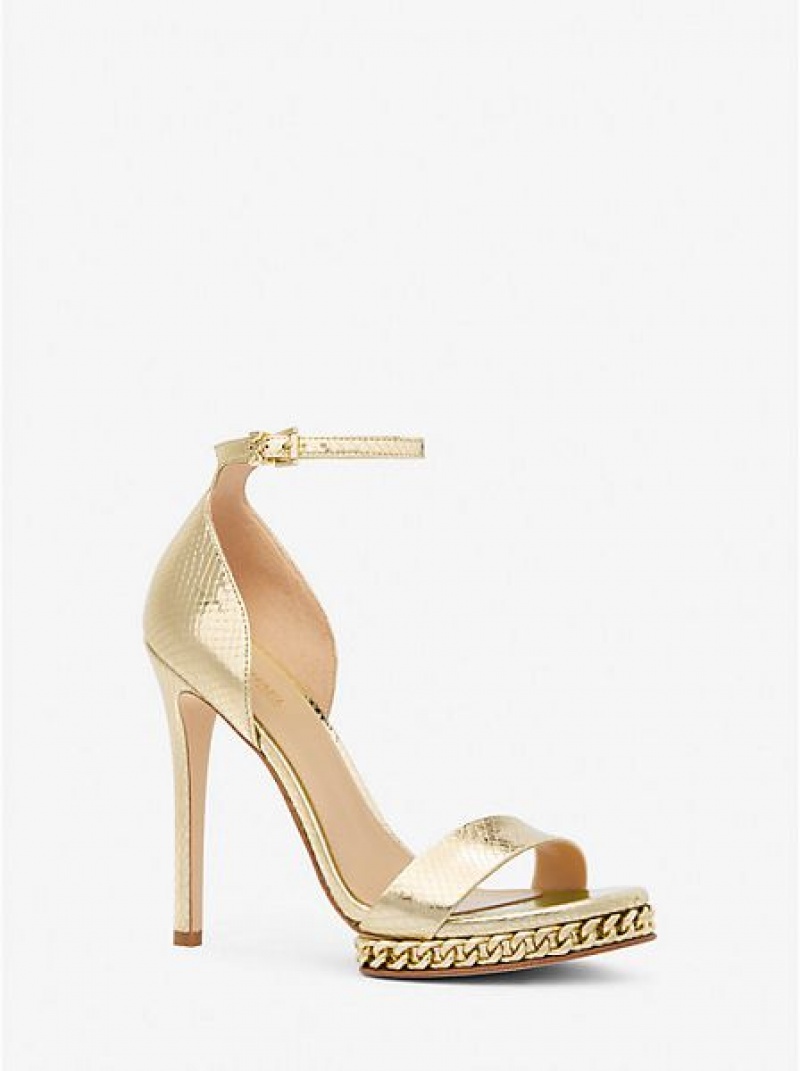 Michael Kors Jordyn Embellished Metallic Snake Embossed Leder Plateausandalen Damen Gold | 123409-PQB