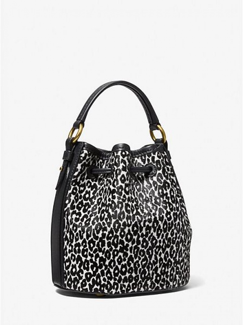 Michael Kors Monogramme Small Leopard Print Calf Hair Bucket Tasche Damen Schwarz Weiß | 983042-EIZ