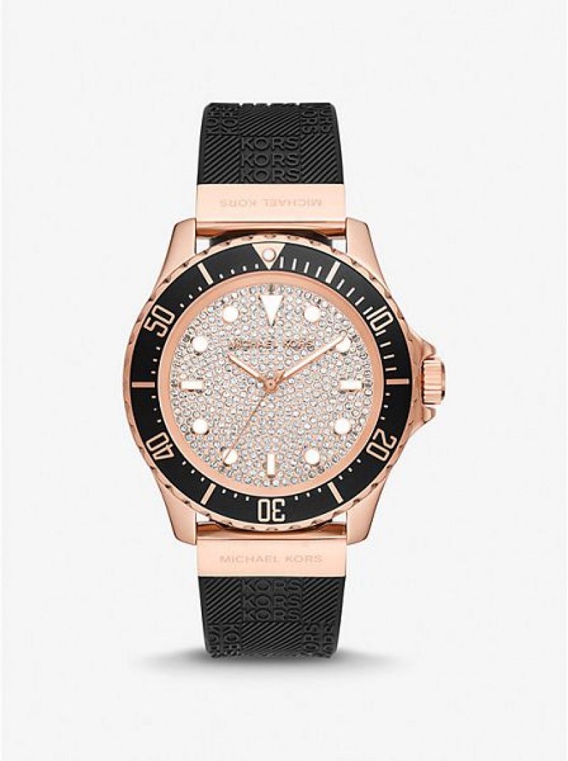 Michael Kors Oversized Slim Everest Pave And Embossed Silikon Uhren Damen Schwarz Rosa Gold | 561023-VFD