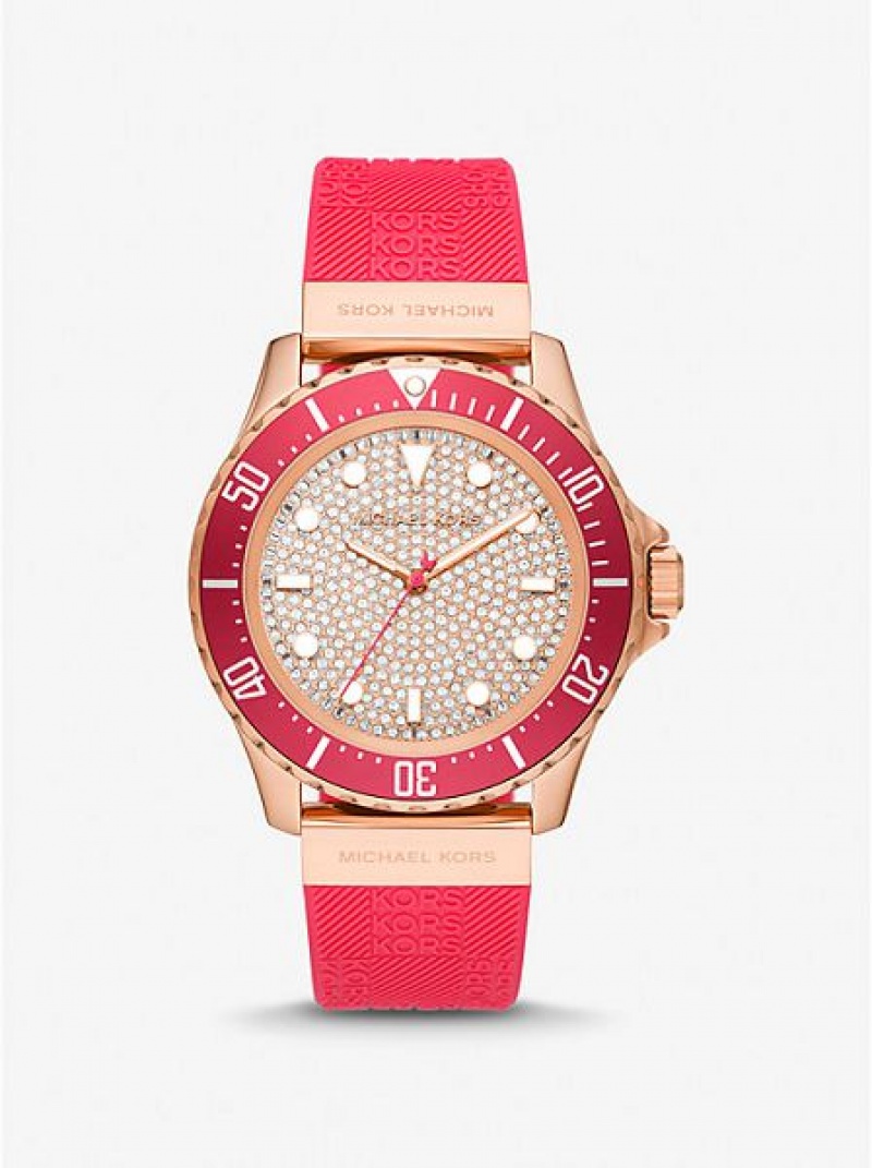 Michael Kors Oversized Slim Everest Pave And Embossed Silikon Uhren Damen Rot Rosa Gold | 438160-EGC