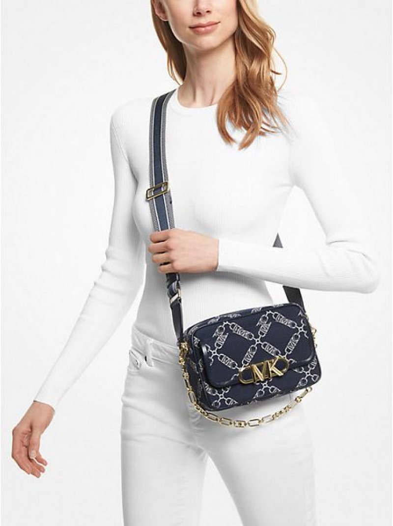 Michael Kors Parker Medium Empire Logo Jacquard crossbody taschen Damen Navy Mehrfarbig | 940628-ATJ