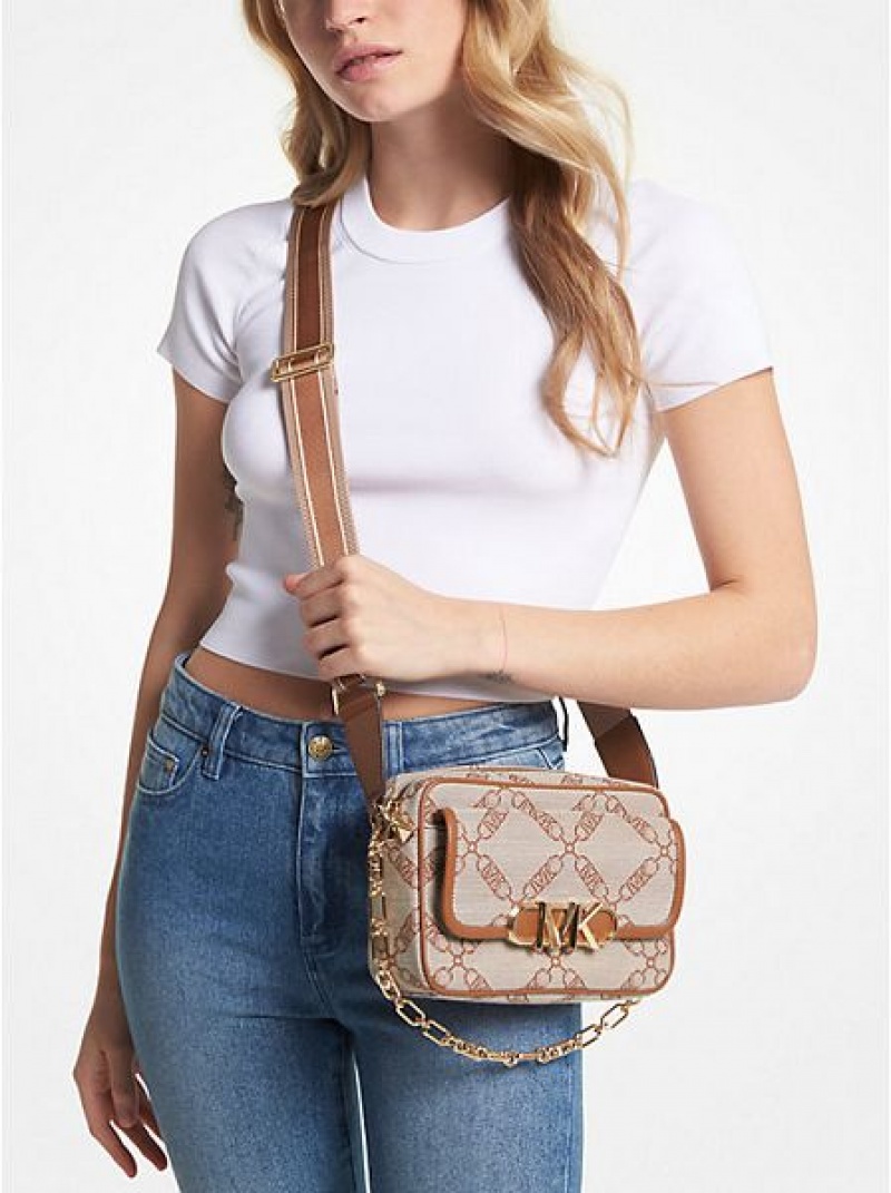 Michael Kors Parker Medium Empire Logo Jacquard crossbody taschen Damen Beige | 829103-EAW