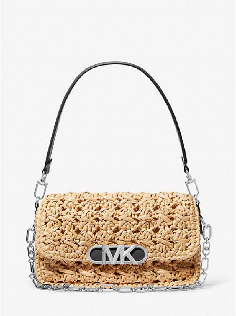 Michael Kors Parker Medium Woven Straw Schultertaschen Damen Beige Schwarz | 683459-TCQ