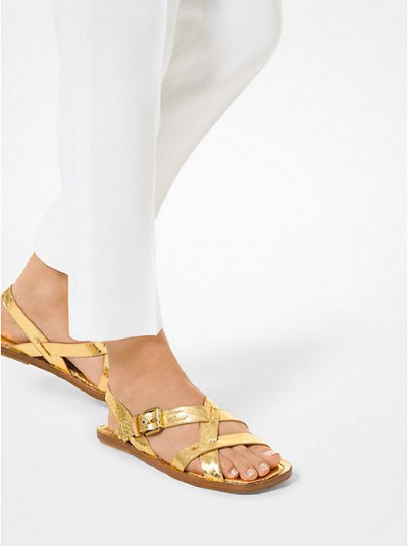 Michael Kors Perrine Metallic Python Embossed Leder Sandalen Damen Gold Braun | 763859-VRP