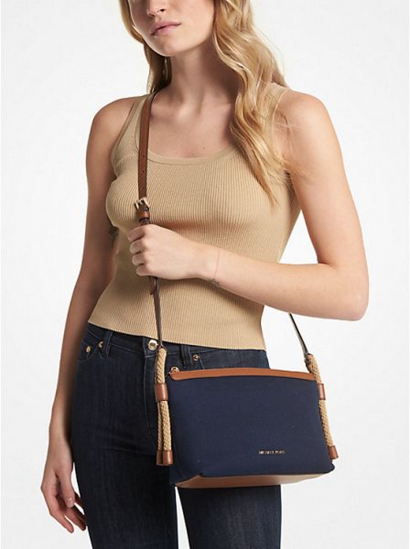 Michael Kors Talia Medium Baumwoll Canvas crossbody taschen Damen Navy Mehrfarbig | 428537-DRW